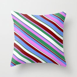 [ Thumbnail: Vibrant Cornflower Blue, Violet, Sea Green, Mint Cream & Maroon Colored Lined Pattern Throw Pillow ]