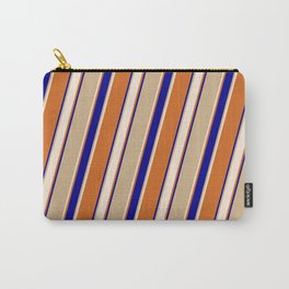 [ Thumbnail: Tan, Beige, Chocolate & Dark Blue Colored Lines Pattern Carry-All Pouch ]