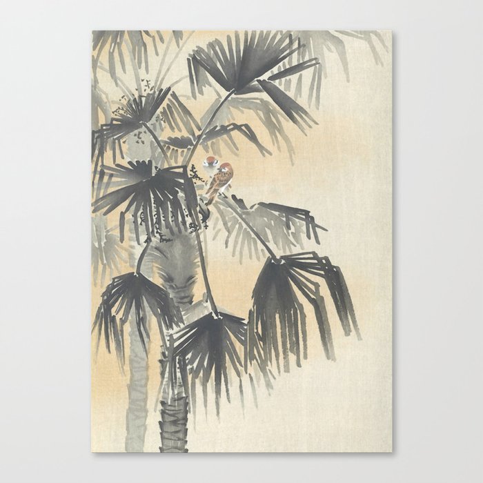 Couple of Sparrows Sitting on a Palm Tree - Vintage Japanese