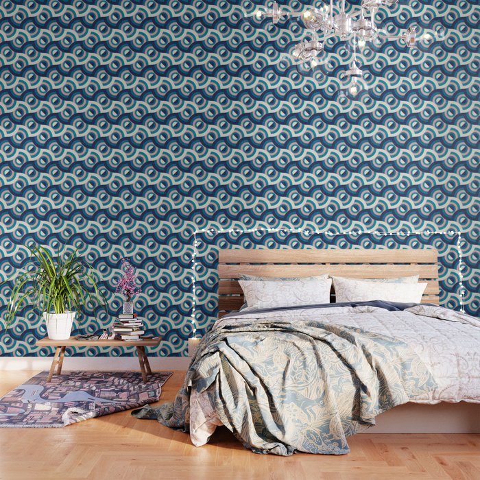 Here comes the sun // navy blue teal and blush pink 70s inspirational groovy geometric suns Wallpaper
