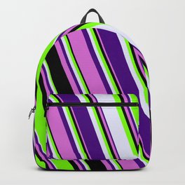 [ Thumbnail: Chartreuse, Lavender, Indigo, Orchid & Black Colored Striped/Lined Pattern Backpack ]