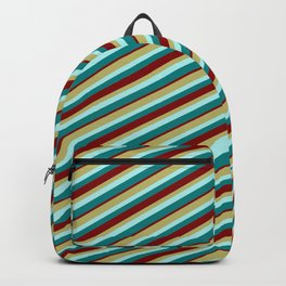 [ Thumbnail: Dark Khaki, Turquoise, Teal, and Maroon Colored Lines/Stripes Pattern Backpack ]