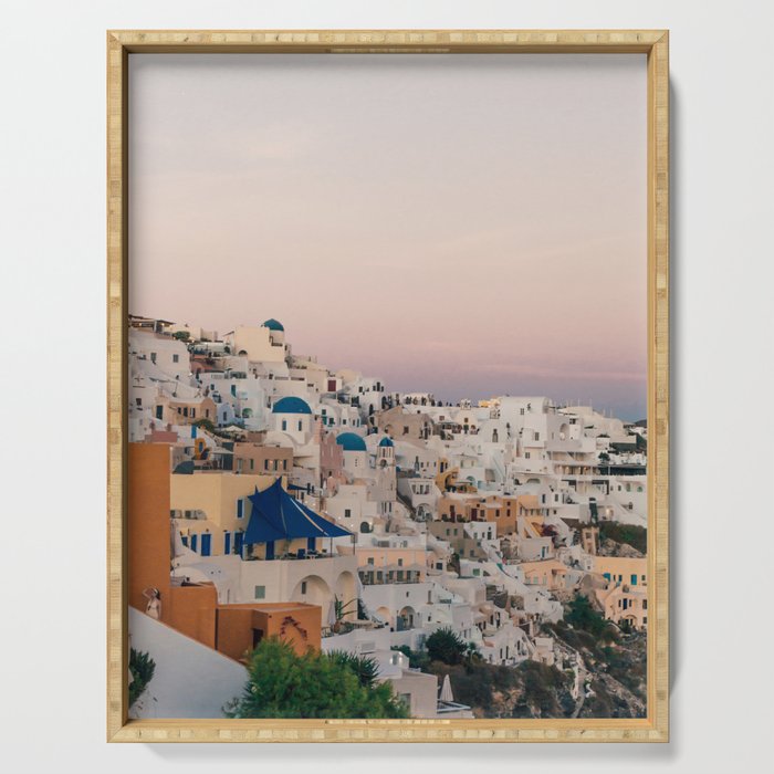 Sunset over Oia, Santorini | White houses, pink sky and golden hour | Travel photography in Greece Serving Tray