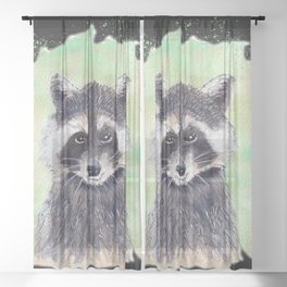 Raccoon Portrait Watercolor Black Background Sheer Curtain
