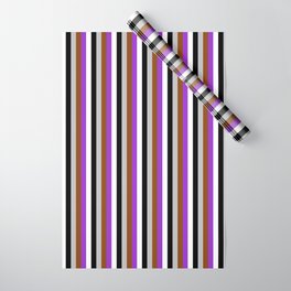 [ Thumbnail: Eyecatching Grey, Brown, Dark Orchid, White & Black Colored Striped Pattern Wrapping Paper ]