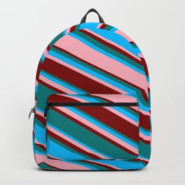 [ Thumbnail: Teal, Deep Sky Blue, Light Pink, and Maroon Colored Striped Pattern Backpack ]