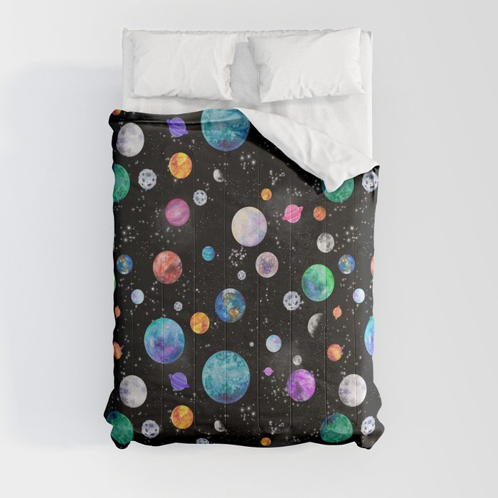 Outer Space Planets Watercolor Galaxy Comforter