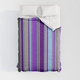 [ Thumbnail: Eye-catching Light Sky Blue, Indigo, Purple, Dark Gray & Dim Grey Colored Lines Pattern Comforter ]
