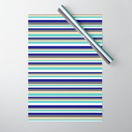 [ Thumbnail: Colorful Dim Grey, Tan, Turquoise, White, and Dark Blue Colored Lined Pattern Wrapping Paper ]
