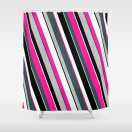 [ Thumbnail: Deep Pink, Dark Slate Gray, Grey, Black, and Mint Cream Colored Lined Pattern Shower Curtain ]