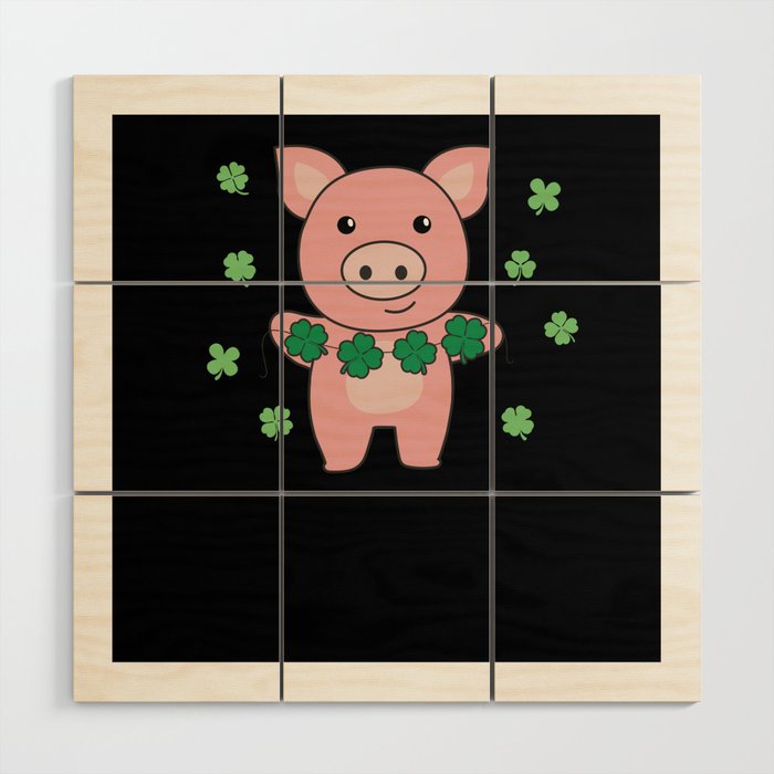 Pig With Shamrocks Cute Animals For Luck Wood Wall Art