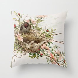 Vintage Bird with Eggs in Nest Throw Pillow