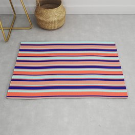[ Thumbnail: Blue, Dark Salmon, Turquoise, and Red Colored Striped/Lined Pattern Rug ]
