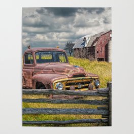 Pickup Truck behind wooden fence in a Rural Landscape Poster