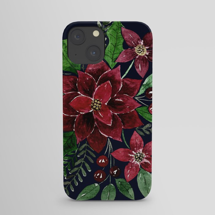 Christmas Burgundy Poinsettia Flowers Watercolor iPhone Case