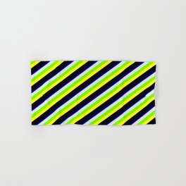 [ Thumbnail: Colorful Blue, Lavender, Green, Yellow, and Black Colored Stripes Pattern Hand & Bath Towel ]