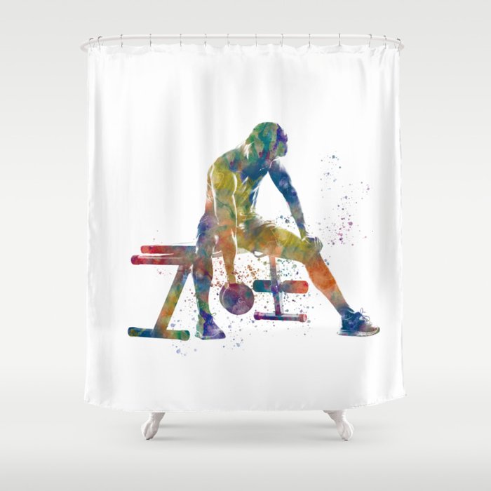 Young woman practices gymnastics in watercolor Shower Curtain