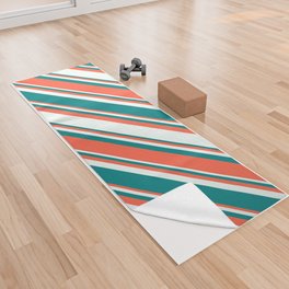 [ Thumbnail: Red, Mint Cream & Teal Colored Lines Pattern Yoga Towel ]