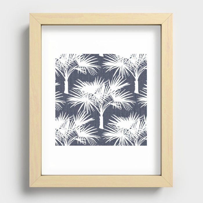 Palm Trees Retro Tropical White on Navy Recessed Framed Print