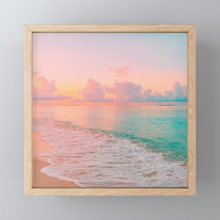 Beautiful: Aqua, Turquoise, Pink, Sunset Relaxing, Peaceful, Coastal Seashore Framed Mini Art Print