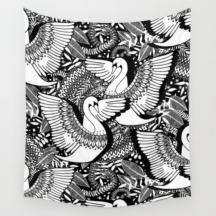 Stylish Swans in Monochrome Black and White Wall Tapestry