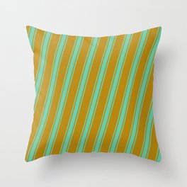 [ Thumbnail: Dark Goldenrod & Aquamarine Colored Striped/Lined Pattern Throw Pillow ]