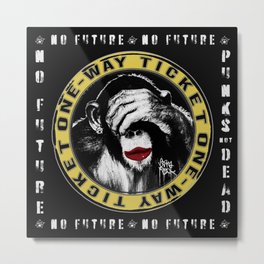 No Future One-Way Ticket 2 Metal Print | Graphicdesign, Unitedkingdom, Hand, Yellow, Typography, Streetart, Graffiti, Pop Art, Escutcheon, Punks 