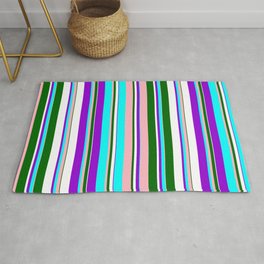 [ Thumbnail: Eye-catching Dark Violet, Cyan, Light Pink, Dark Green, and White Colored Lined Pattern Rug ]