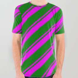 [ Thumbnail: Fuchsia & Green Colored Striped Pattern All Over Graphic Tee ]