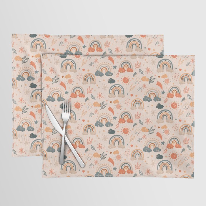 Hand Drawn Rainbow Autumn Playroom Kids Room Style Seamless Pattern Placemat