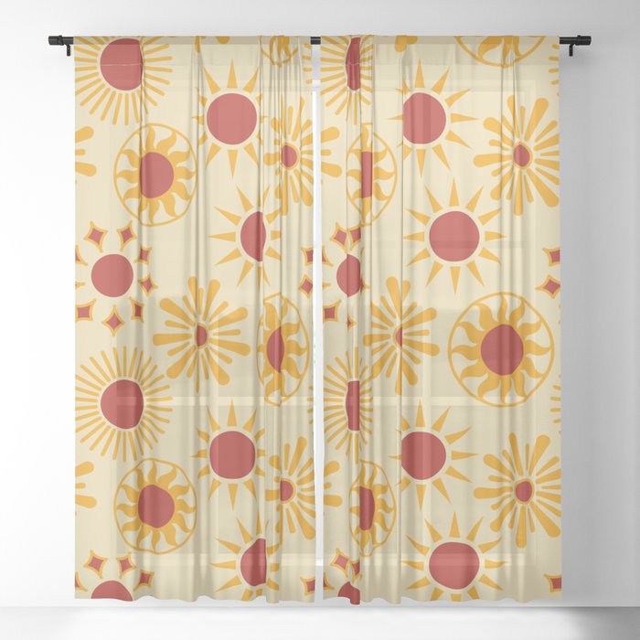 Mid Century Retro Sun Pattern - Carnelian and Orange Sheer Curtain