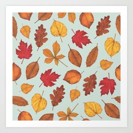 Autumn Leaves Illustration Pattern | Pale Green Leaves Pattern | Oak Linden Maple pattern Art Print