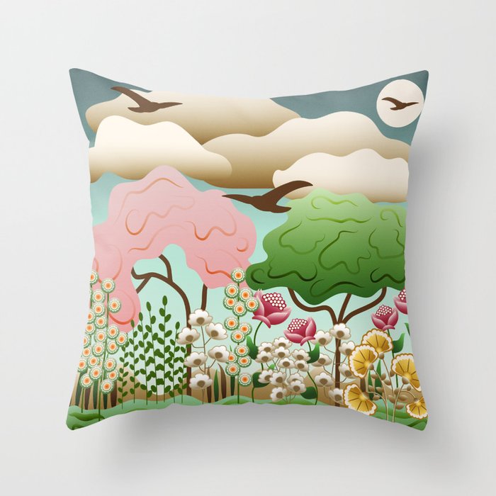 Colorful Mid Century Modern Landscape Nature Scene // Trees, Flowers, Birds and Clouds // Pink, Green, Yellow, Raspberry, Blue, Brown Throw Pillow