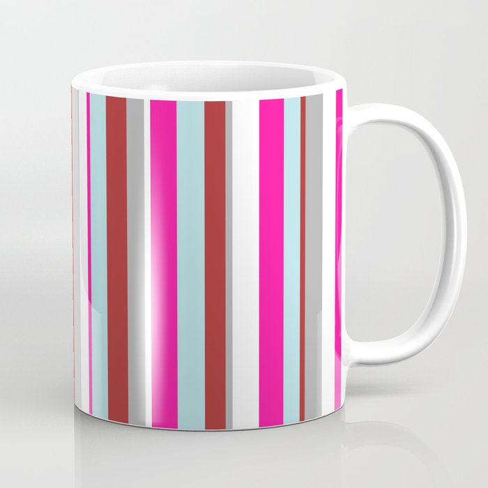 Eye-catching White, Dark Gray, Brown, Powder Blue & Deep Pink Colored Lines/Stripes Pattern Coffee Mug