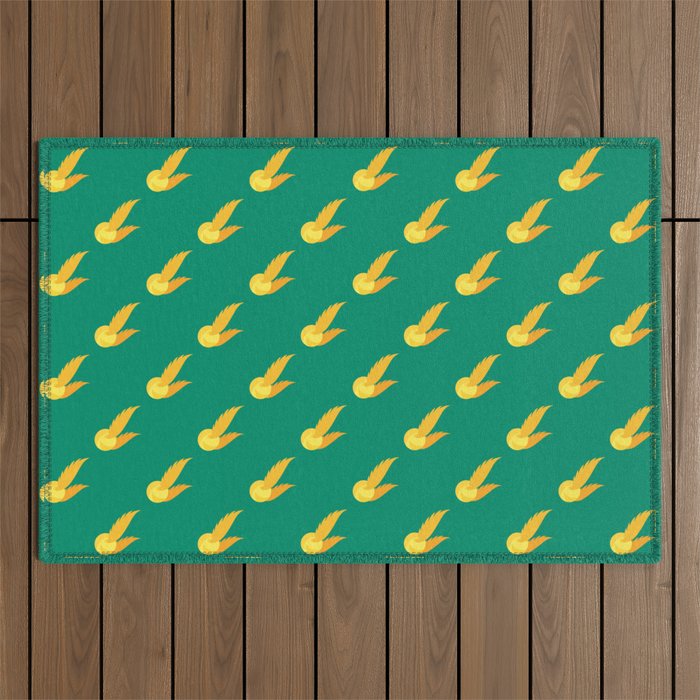 Yellow snitch ball with wings and green background repeat pattern Outdoor Rug