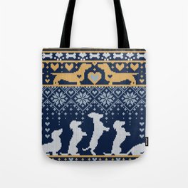 Fair Isle Knitting Doxie Love // navy blue background white and yellow dachshunds dogs bones paws and hearts Tote Bag