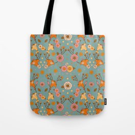 Bohemian 70s floral print, 70s pattern, Art nouveau Blue Tote Bag
