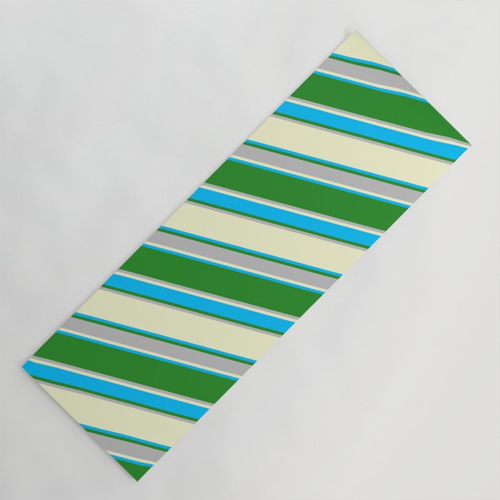 Light Yellow, Deep Sky Blue, Forest Green & Grey Colored Stripes Pattern Yoga Mat