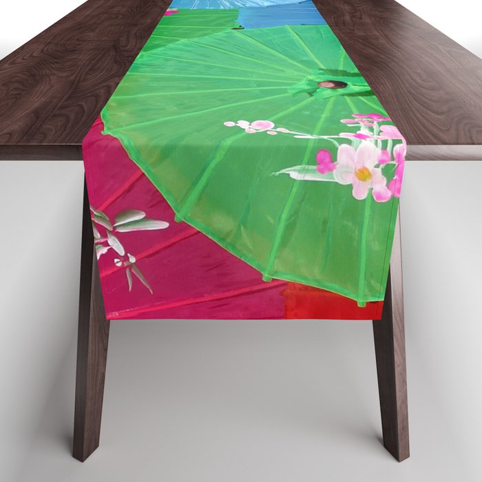 Multi-colored Chinese umbrellas / parasols with tropical pink flower petals color photograph / photography for home and wall decor Table Runner