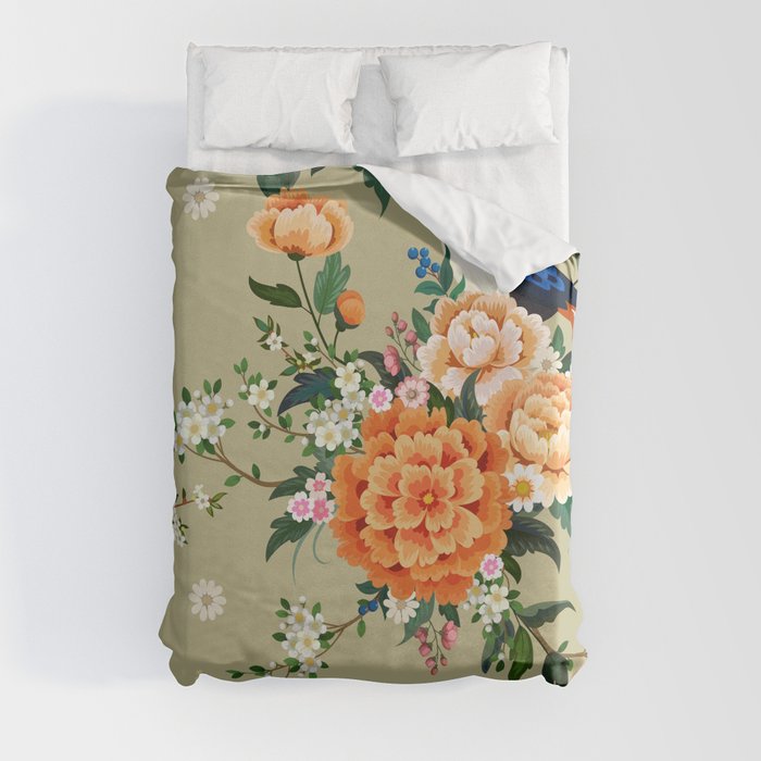 Beautiful seamless pattern with diamond pheasant sitting on peony branch with blooming sakura, plum and daisies, summer dress in Chinese style Duvet Cover