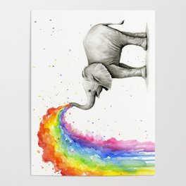 Baby Elephant Spraying Rainbow Poster
