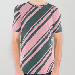 [ Thumbnail: Dark Slate Gray and Light Pink Colored Lined Pattern All Over Graphic Tee ]