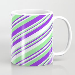 [ Thumbnail: Purple, Mint Cream & Light Green Colored Striped Pattern Coffee Mug ]