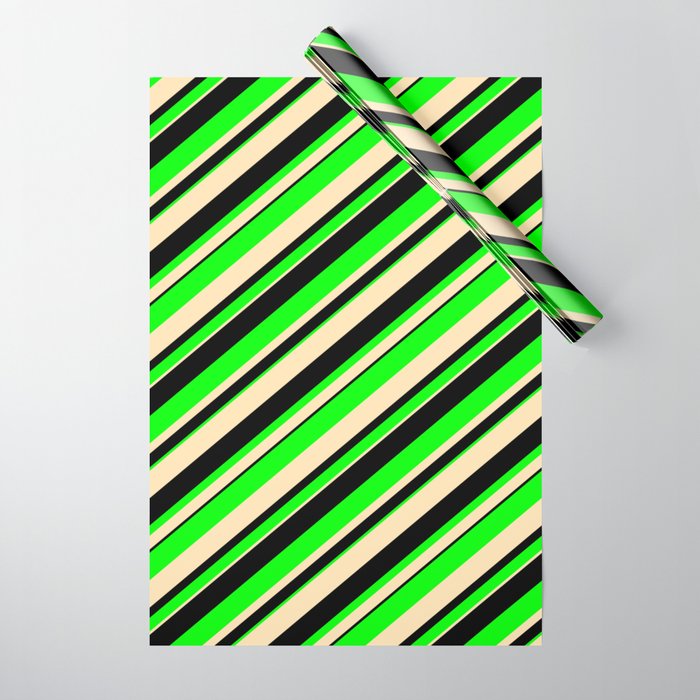 Beige, Black & Lime Colored Lined/Striped Pattern Wrapping Paper