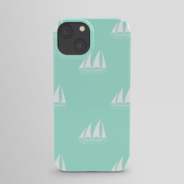 White Sailboat Pattern on seafoam blue background iPhone Case