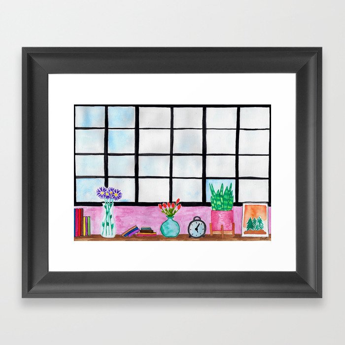 Watercolor Window Shelf with Plants and Books Framed Art Print