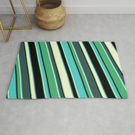 [ Thumbnail: Colorful Dark Slate Gray, Turquoise, Light Yellow, Sea Green, and Black Colored Lined Pattern Rug ]