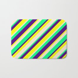 [ Thumbnail: Indigo, Yellow, Beige & Green Colored Pattern of Stripes Bath Mat ]