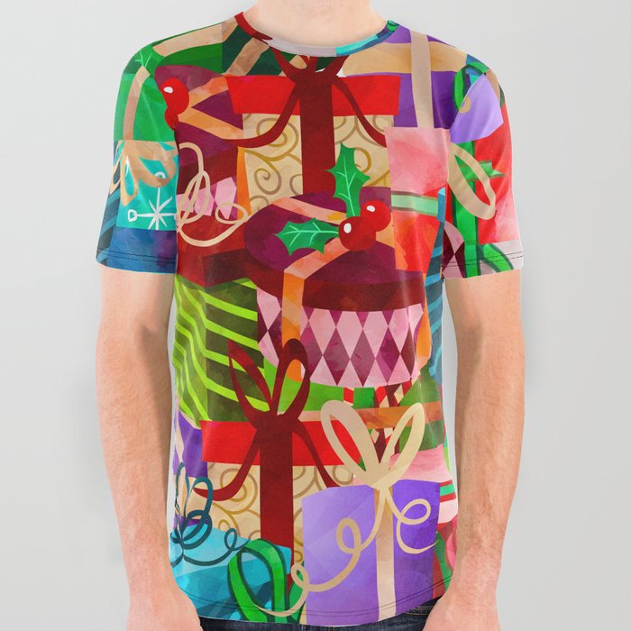 Christmas Presents Galore - Bright Neon Christmas Gift Pattern All Over Graphic Tee