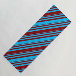 [ Thumbnail: Deep Sky Blue and Dark Red Colored Lined Pattern Yoga Mat ]